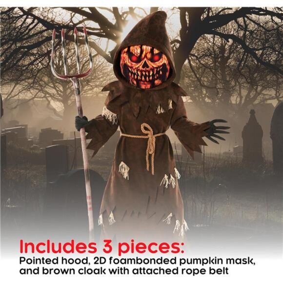 Morph Pumpkin Costume Kids, Brown Pumpkin Grim Reaper Costume Kid, Scary - Picture 2 of 6